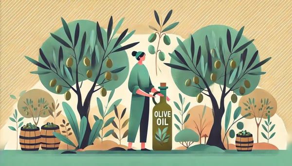 emprendedor del aceite de oliva en su olivar familiar, con su propia botella de marca y rodeado de árboles estilizados y colores cálidos.