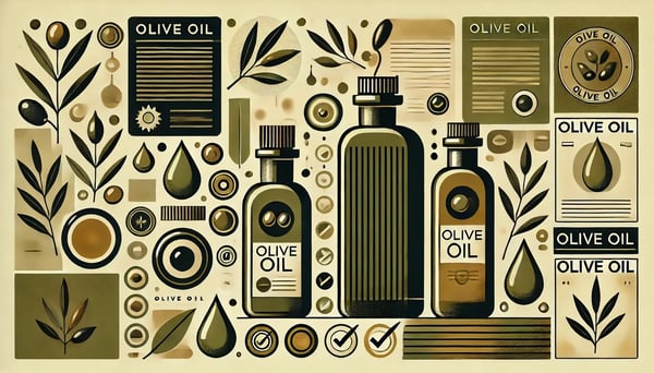 Abstract illustration representing the legal requirements to launch olive oil to market. Include Extra Virgin Olive Oil bottles with screw caps, olive leaves, and symbolic legal elements such as documents, checkmarks, certifications, or balance scales.