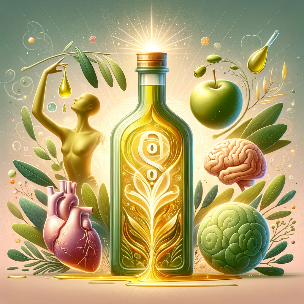 DALL·E 2023-11-16 13.32.57 - An artistic and elegant interpretation of the health benefits of olive oil, with a subtle addition. The scene includes a central, radiant olive oil bo
