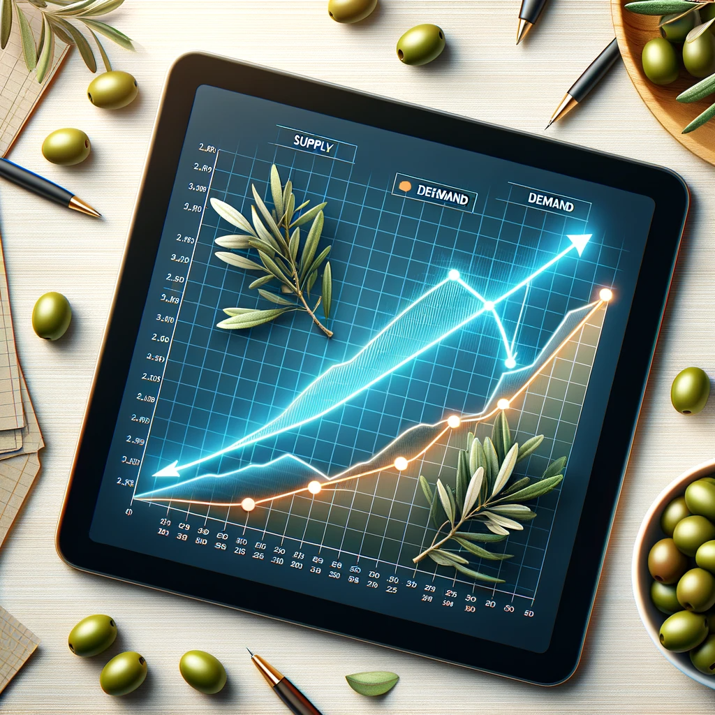 DALL·E 2023-12-04 10.38.11 - A clear and informative digital illustration showing the inverse relationship between supply and demand in the context of the olive oil industry. The 