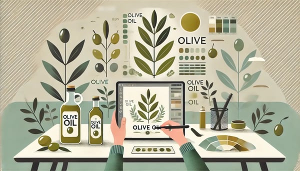 Ilustración sobre cómo diseñar tu etiqueta y marca para aceite de oliva, con elementos gráficos, colores y botellas personalizadas.