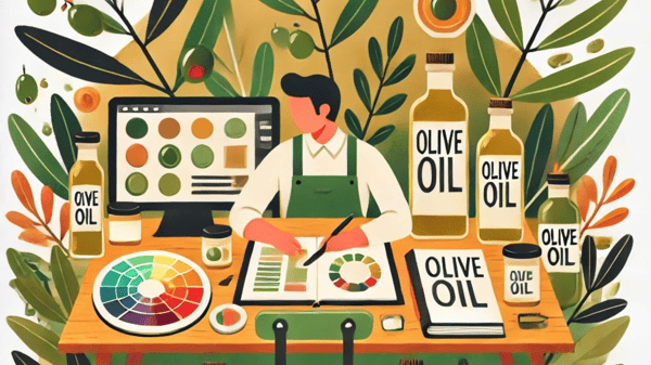 Ilustración vectorial de un productor de aceite de oliva diseñando etiquetas y trabajando en su marca personal, rodeado de botellas, herramientas de diseño y elementos naturales como ramas de olivo.