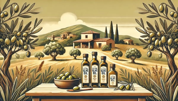 Un paisaje mediterráneo con un olivar y una pequeña casa tradicional al fondo. En primer plano, una mesa pequeña muestra botellas de vidrio de aceite de oliva virgen extra con etiquetas rústicas y personalizadas.