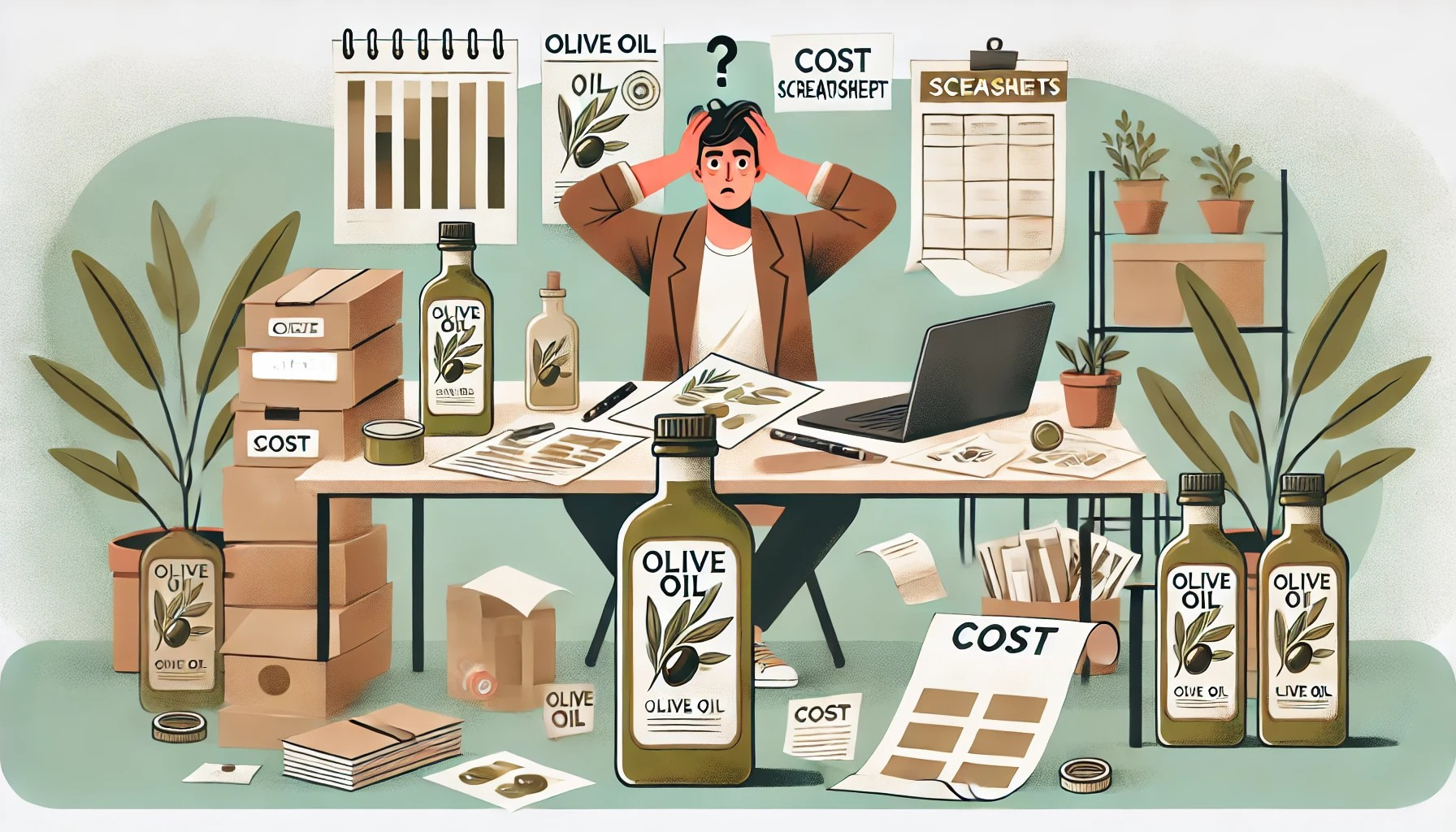 Illustration of a confused entrepreneur at their desk, surrounded by olive oil bottles, label sketches, and cost sheets.