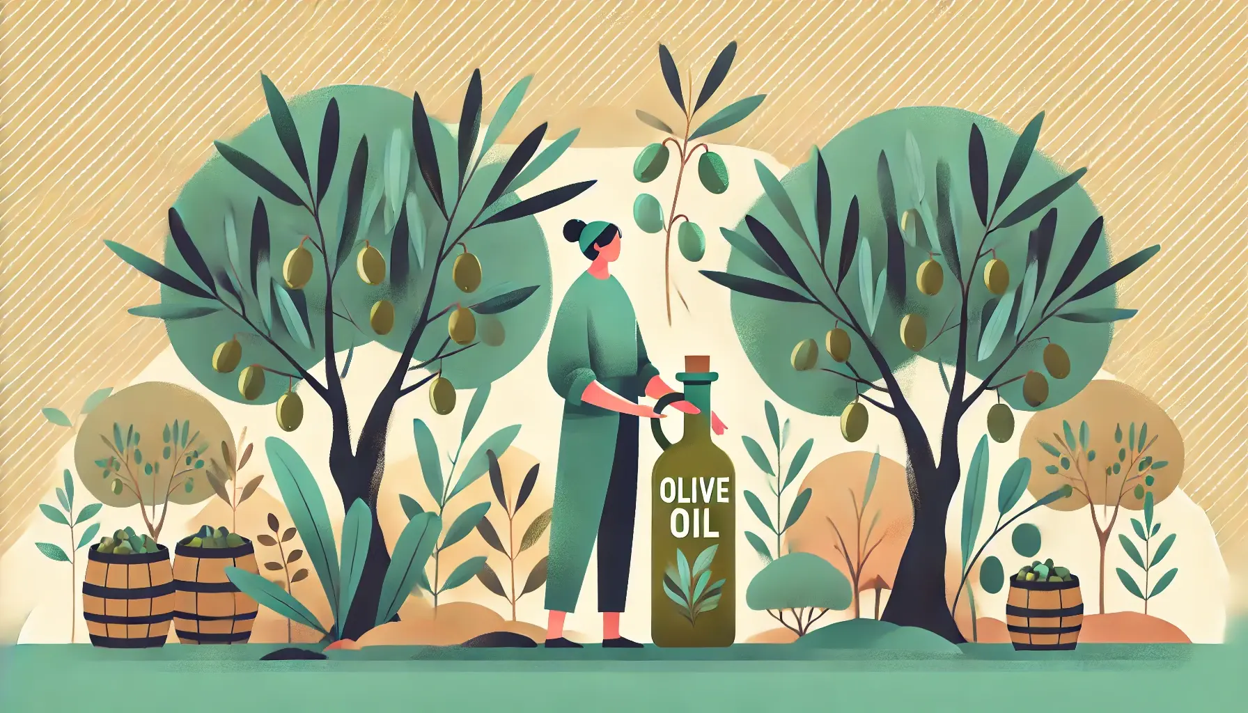 olive oil entrepreneur in their family grove, with their own branded bottle, surrounded by stylized trees and warm colors.
