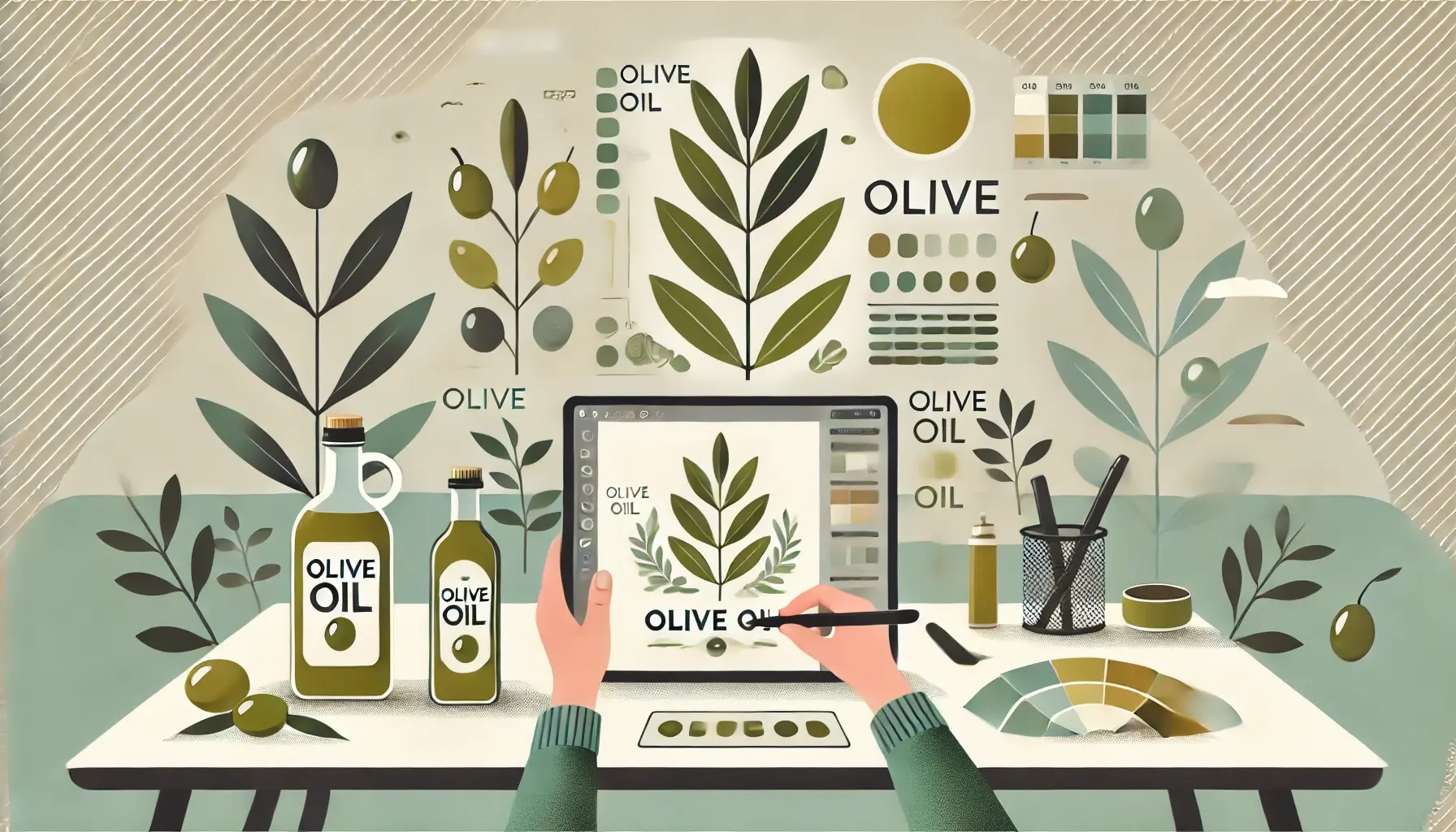 Ilustración sobre cómo diseñar tu etiqueta y marca para aceite de oliva, con elementos gráficos, colores y botellas personalizadas.