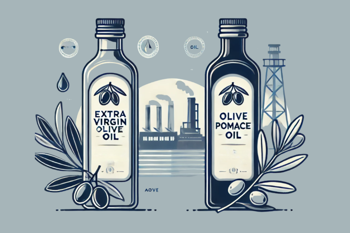Comparative illustration between a bottle of EVOO and a bottle of pomace oil with a background of olive branches and factories, in minimalist blue style.