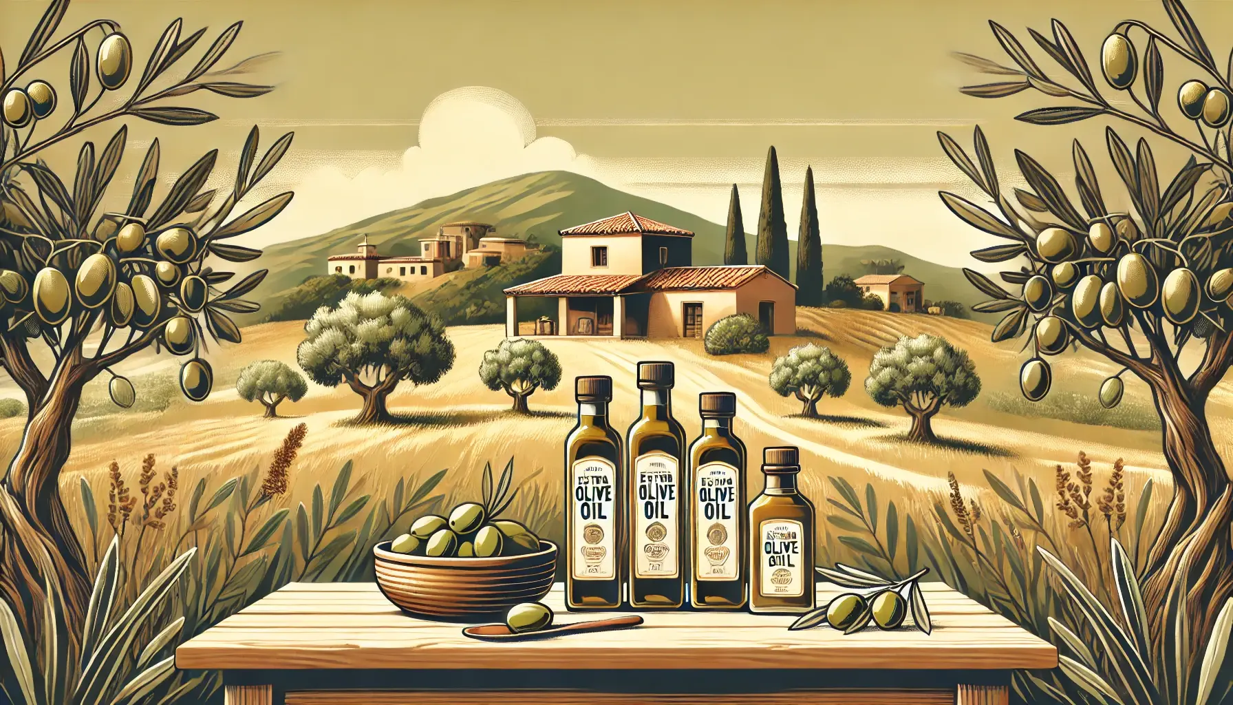 Un paisaje mediterráneo con un olivar y una pequeña casa tradicional al fondo. En primer plano, una mesa pequeña muestra botellas de vidrio de aceite de oliva virgen extra con etiquetas rústicas y personalizadas.